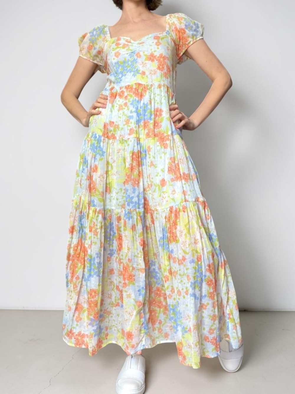 Billabong Maxi Dress Orange & Blue Floral Cotton Puff Sleeve - Picture 3 of 15